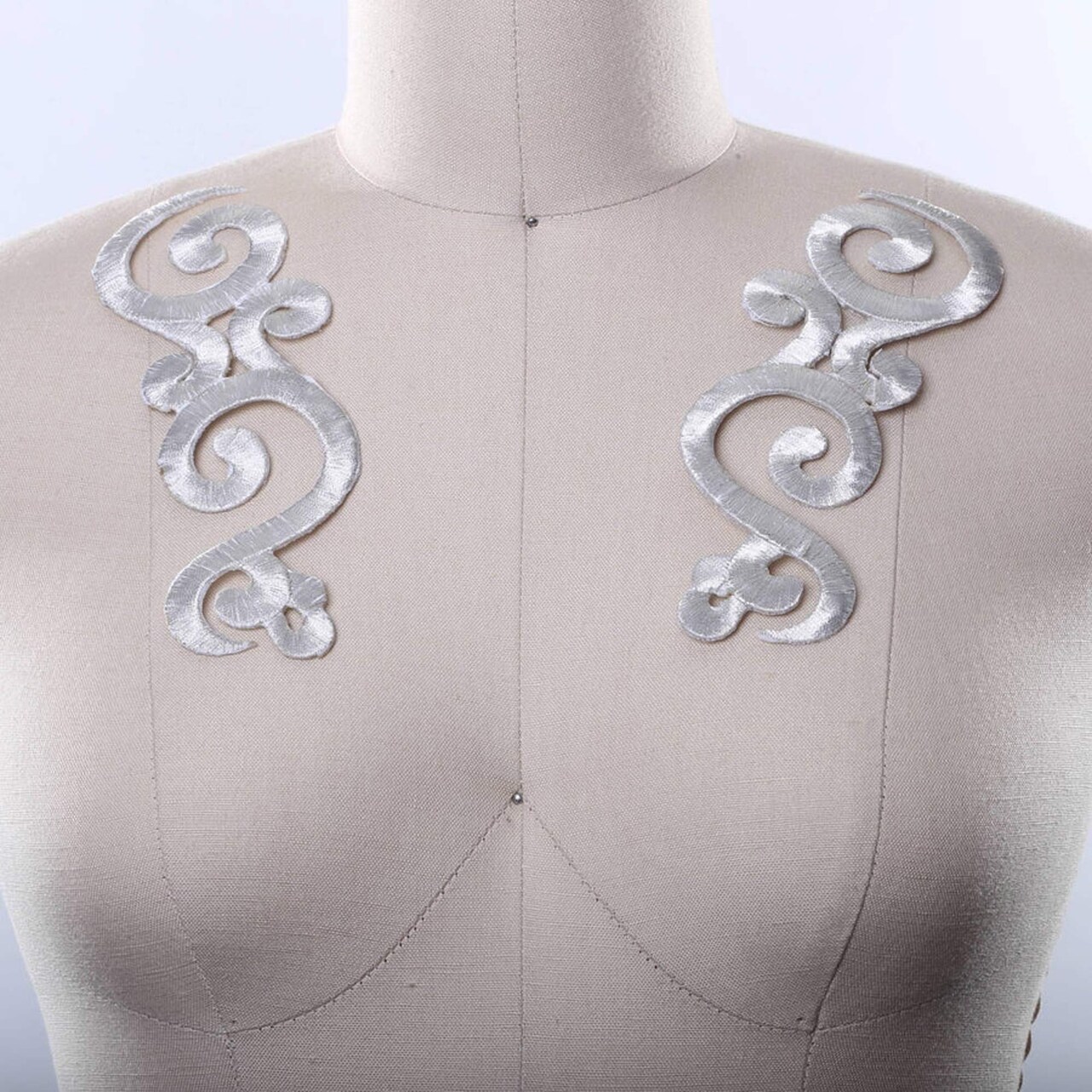 1 Pair Silver Swirled Applique Iron On Embroidered Patch for Costume or Gown